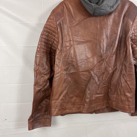 Gian Mori Leather Jacket Mens 3XL Sheepskin Moto Quilted Hooded Brown Zip Biker - Picture 9 of 16